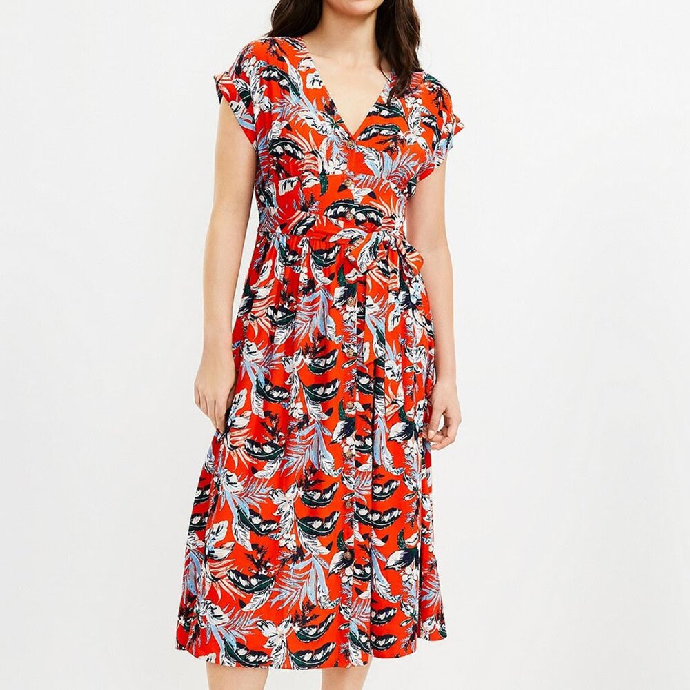 Loft Orange Botanical Print Midi Button-down Dress, size 12